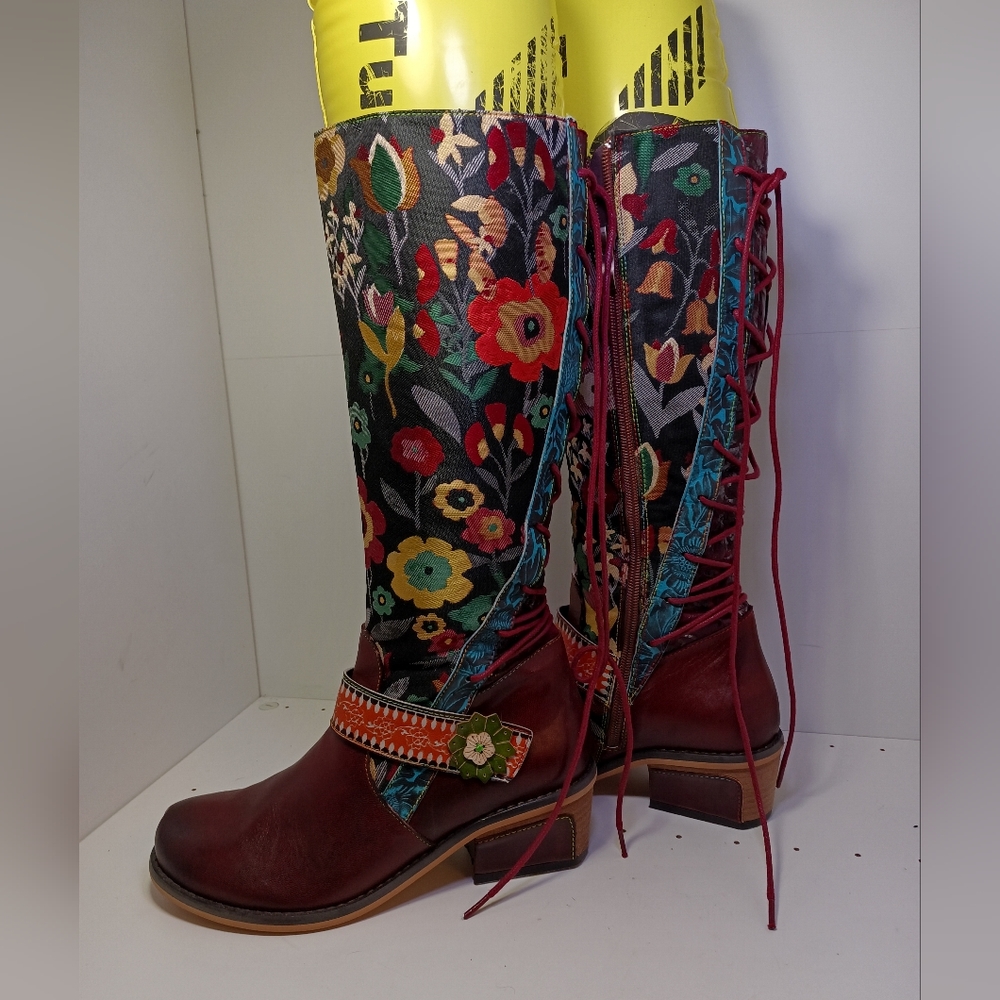 SOCOFY Boho Lace Up Leather Flat Mid Calf Boots